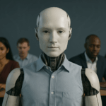 Um robô humanoide de aparência realista está em destaque no centro de um escritório moderno. Ele tem pele metálica clara, feições humanas sutis e está vestido com uma camisa azul. Ao fundo, três profissionais trabalham em notebooks: à esquerda, uma mulher de pele marrom, cabelos longos e escuros, com traços que remetem ao sul da Ásia; ao centro, um homem branco de camisa azul claro; e à direita, um homem negro de terno escuro. O ambiente é corporativo, com iluminação suave e um fundo azul-acinzentado com padrões sutis de circuitos eletrônicos.