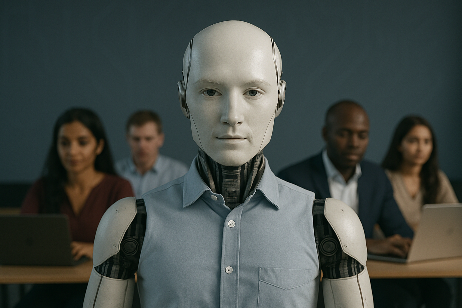 Um robô humanoide de aparência realista está em destaque no centro de um escritório moderno. Ele tem pele metálica clara, feições humanas sutis e está vestido com uma camisa azul. Ao fundo, três profissionais trabalham em notebooks: à esquerda, uma mulher de pele marrom, cabelos longos e escuros, com traços que remetem ao sul da Ásia; ao centro, um homem branco de camisa azul claro; e à direita, um homem negro de terno escuro. O ambiente é corporativo, com iluminação suave e um fundo azul-acinzentado com padrões sutis de circuitos eletrônicos.