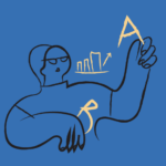Ilustração minimalista de uma figura humana de traços simples em fundo azul. A pessoa segura a letra "A" no ar com a mão direita, enquanto a mão esquerda repousa em posição curva com a letra "B" próxima. Acima, há um gráfico de barras crescente com uma seta indicando progresso. O estilo é abstrato e esquemático, com linhas pretas e elementos gráficos em amarelo.