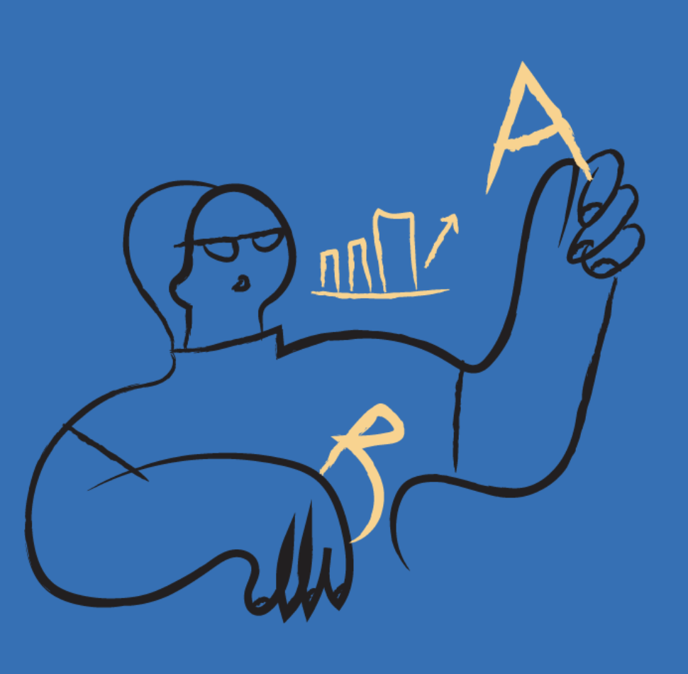 Ilustração minimalista de uma figura humana de traços simples em fundo azul. A pessoa segura a letra "A" no ar com a mão direita, enquanto a mão esquerda repousa em posição curva com a letra "B" próxima. Acima, há um gráfico de barras crescente com uma seta indicando progresso. O estilo é abstrato e esquemático, com linhas pretas e elementos gráficos em amarelo.
